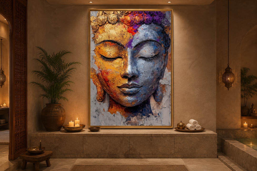 Vertical canvas print of a colorful Buddha portrait in a serene, candlelit spa setting.