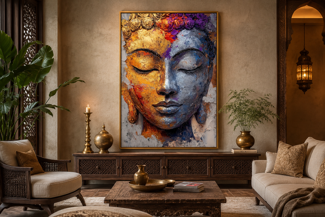 Colorful Buddha portrait wall art on a canvas print in a serene, modern living room setting.