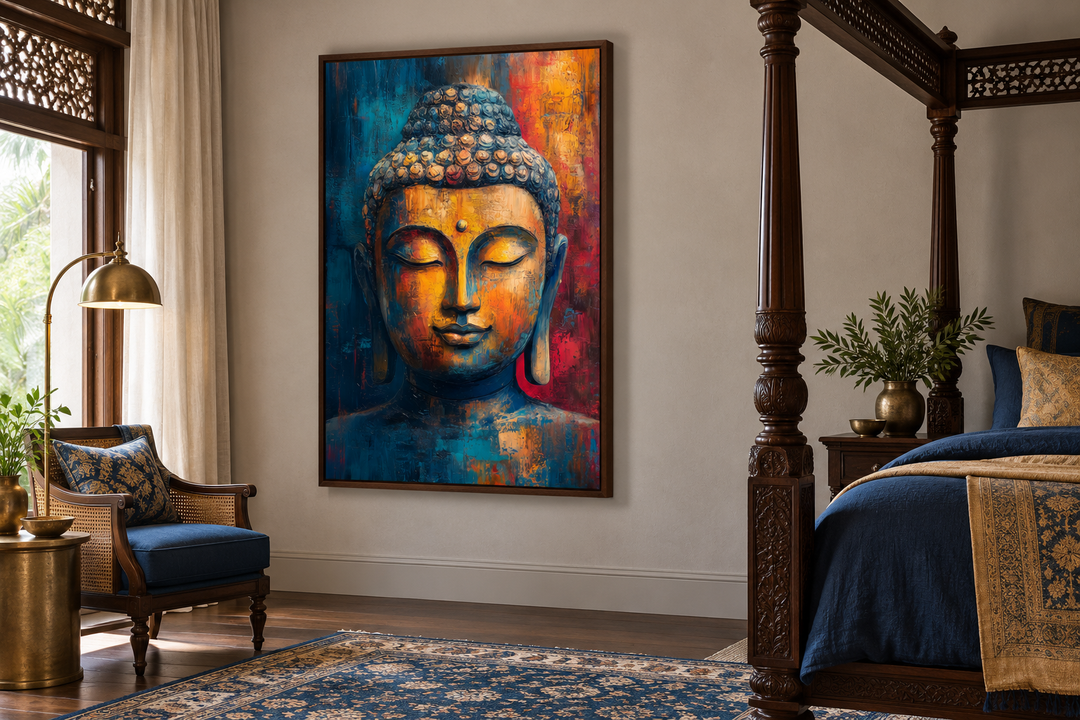 Abstract Buddha colorful portrait framed canvas wall art in a bedroom with blue and gold accents.