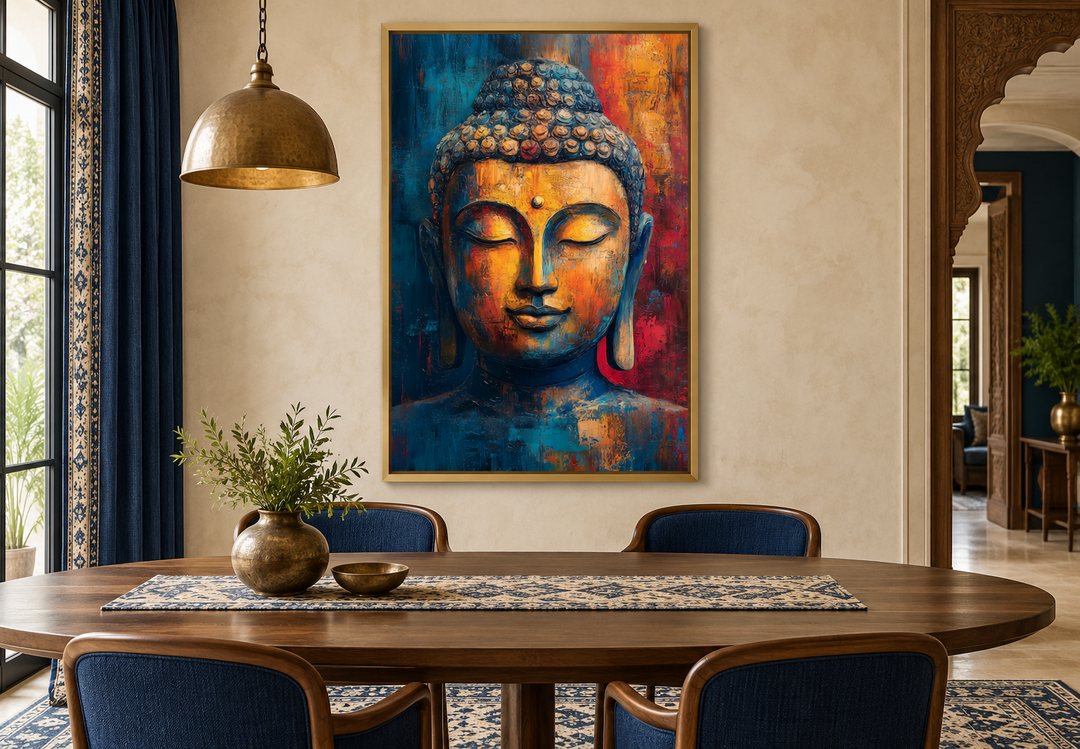 Abstract colorful Buddha portrait in a gold frame hanging above a wooden dining table.