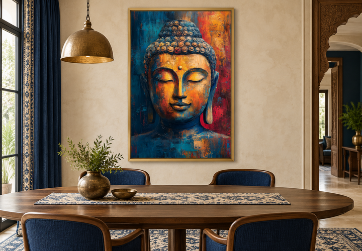 Abstract colorful Buddha portrait in a gold frame hanging above a wooden dining table.