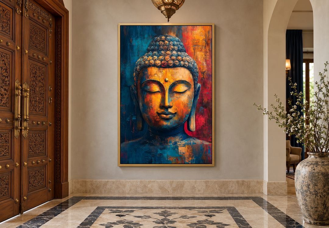 Abstract Buddha portrait framed canvas wall art with vibrant blue, orange, and red colors.