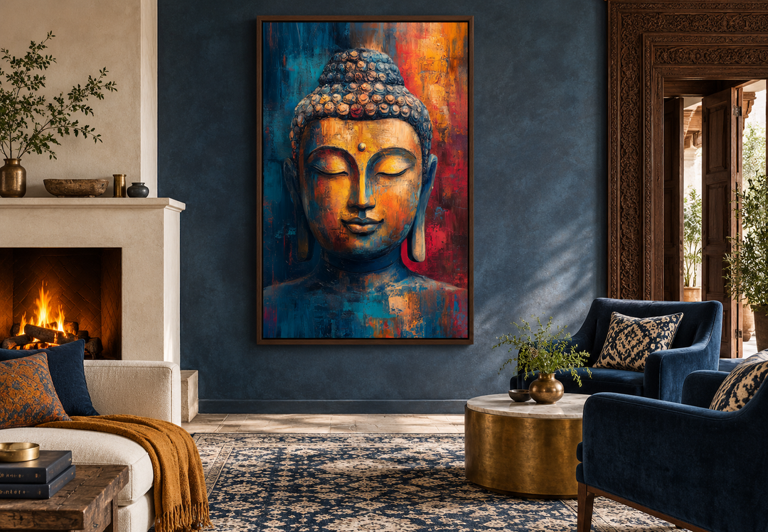 Abstract Buddha portrait framed canvas wall art in a modern living room with blue and orange tones.