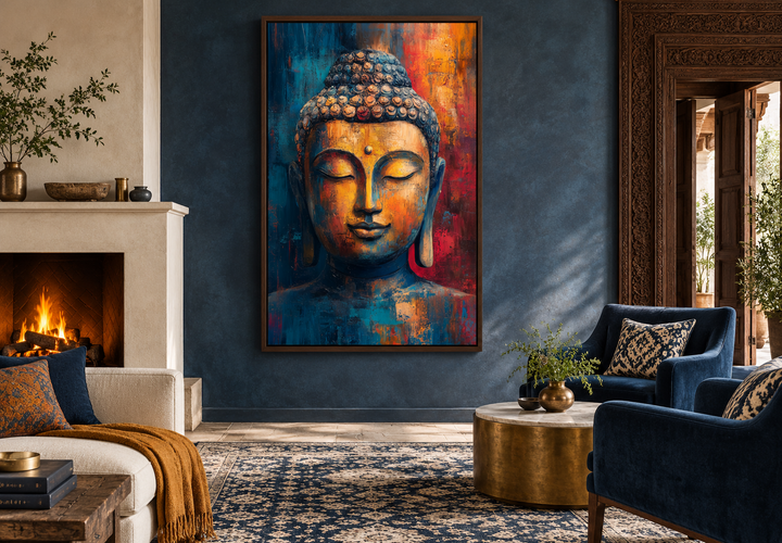 Abstract Buddha portrait framed canvas wall art in a modern living room with blue and orange tones.