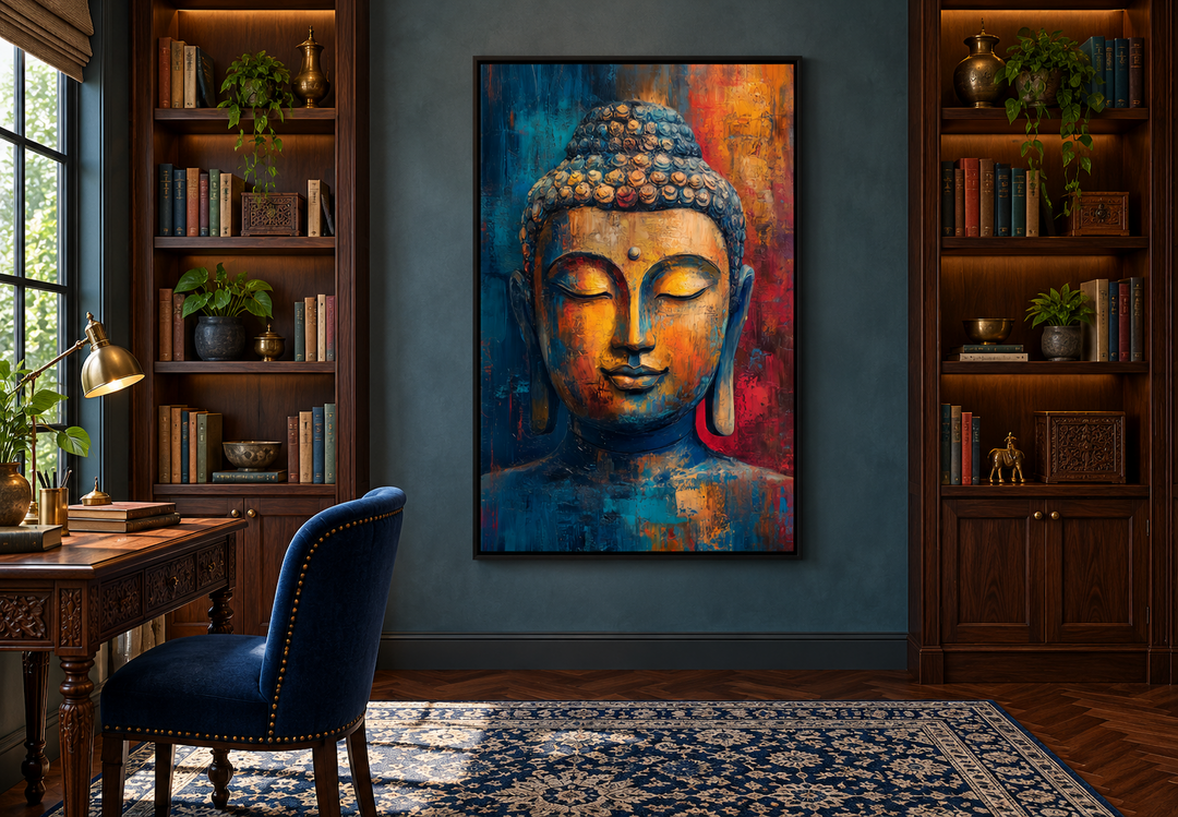 Colorful abstract Buddha portrait framed canvas wall art in a home library setting.