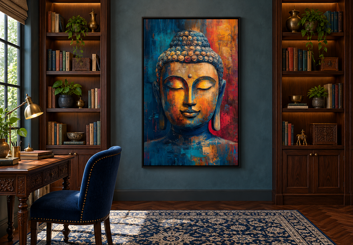 Colorful abstract Buddha portrait framed canvas wall art in a home library setting.