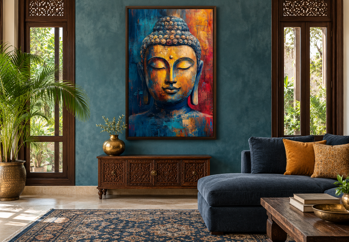 Colorful abstract Buddha portrait framed canvas wall art in a modern living room setting.