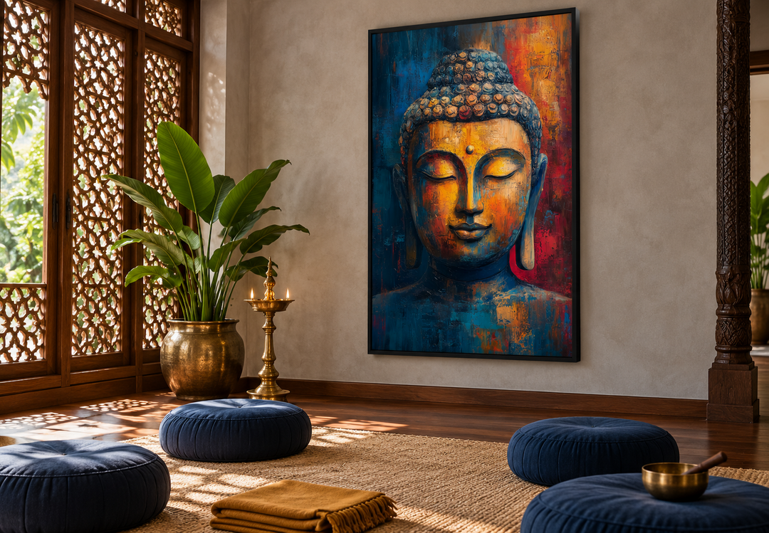 Colorful abstract Buddha portrait framed canvas wall art in a serene meditation room setting.