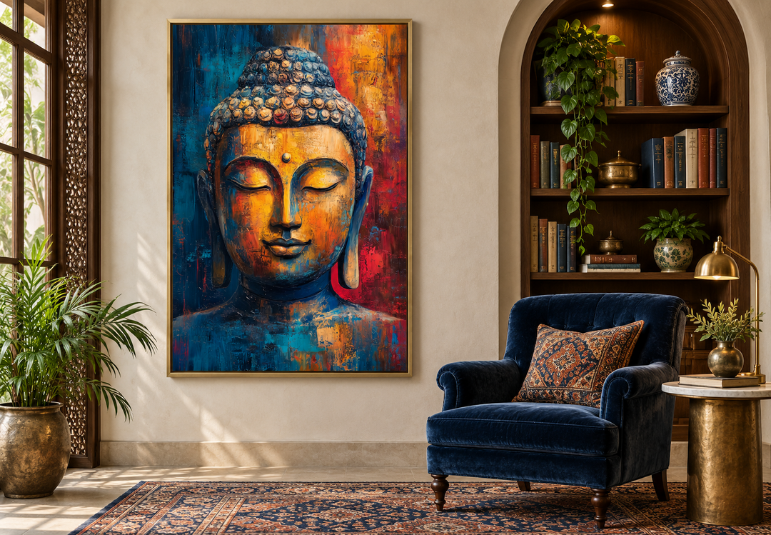 Buddha Colorful Portrait Abstract Framed Canvas Wall Art in a gold frame over a blue velvet chair.