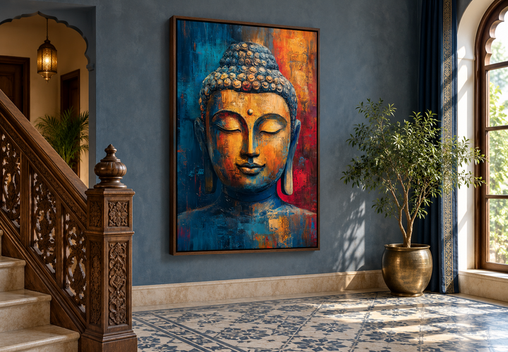 Abstract Buddha portrait framed canvas wall art in a vibrant blue, orange, and red color palette.