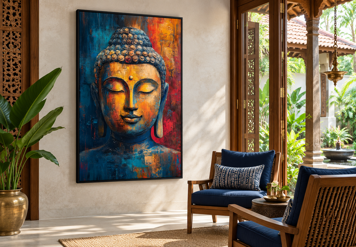 Abstract Buddha colorful portrait framed canvas wall art in a serene living room setting.