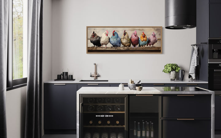 Panoramic framed canvas art of colorful chickens on a fence in a modern farmhouse kitchen.