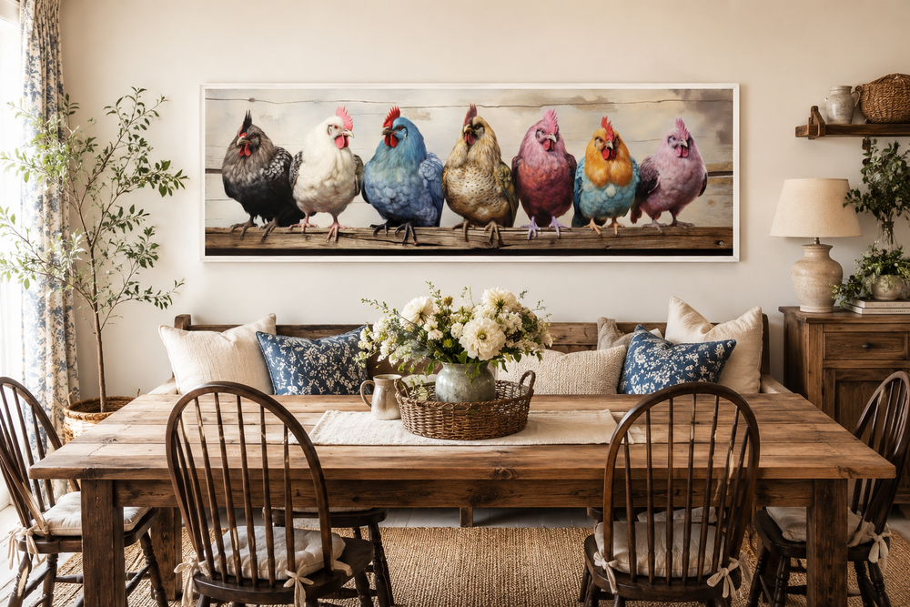 Panoramic framed canvas wall art of seven colorful chickens on a fence in a rustic dining room.