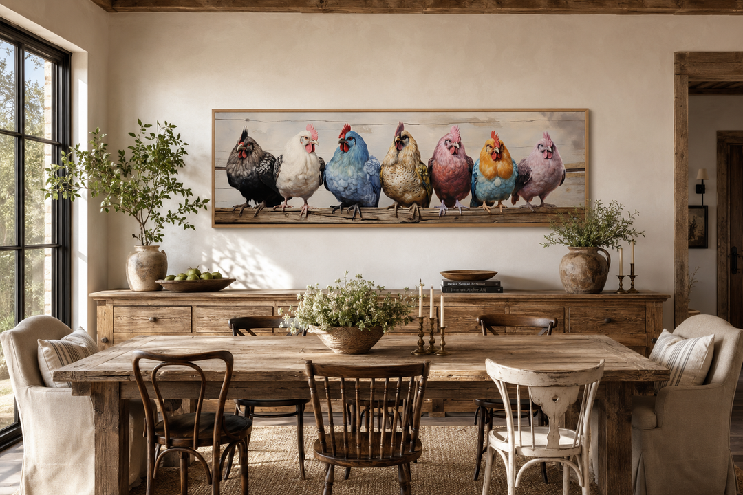 Panoramic framed canvas of colorful chickens on a fence above a rustic dining table.