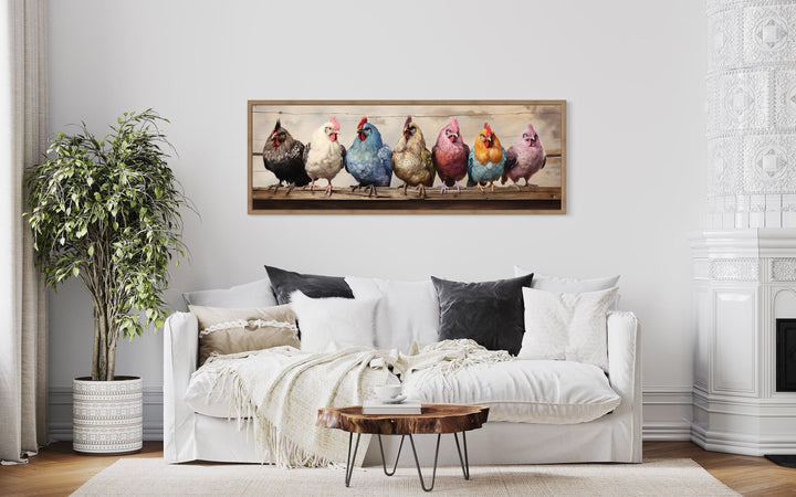 Colorful Chickens Panoramic Rustic Farmhouse Framed Canvas Wall Art