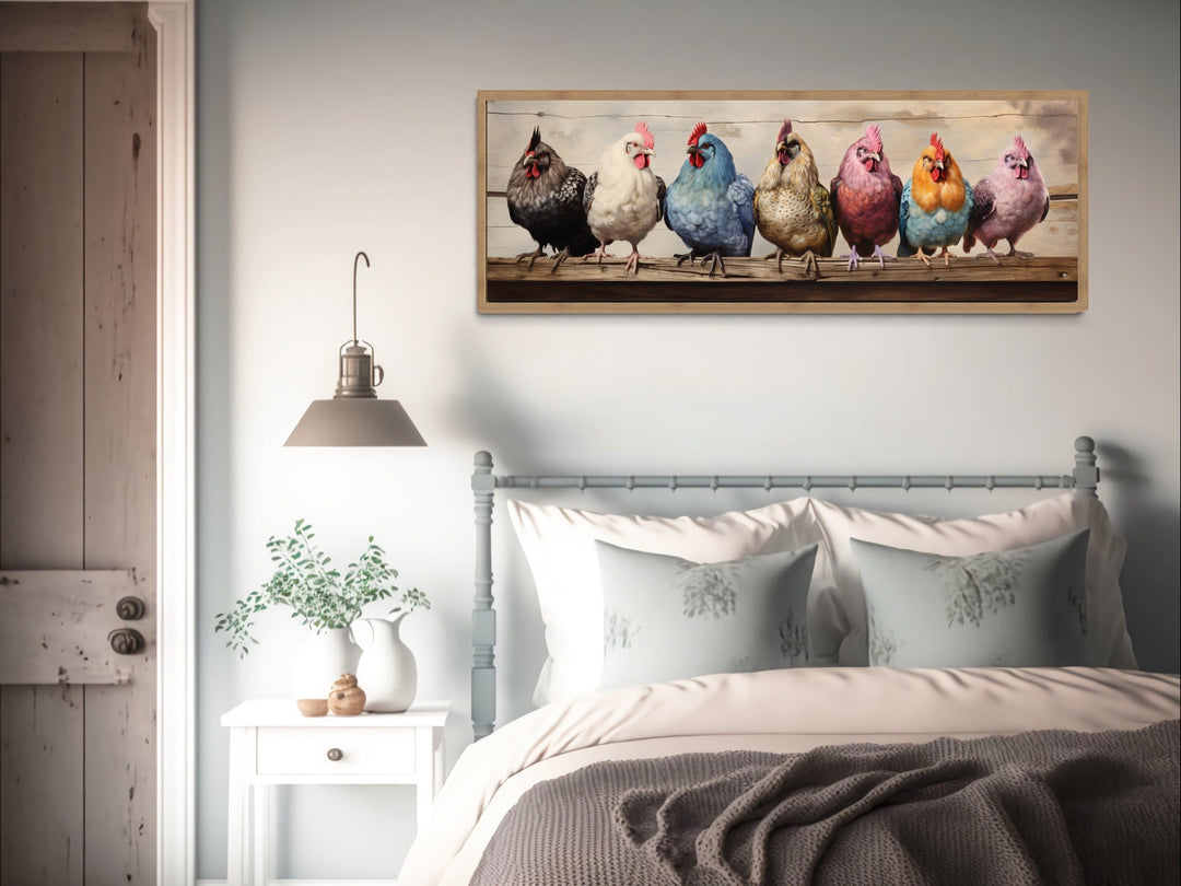 Colorful Chickens Panoramic Rustic Farmhouse Framed Canvas Wall Art