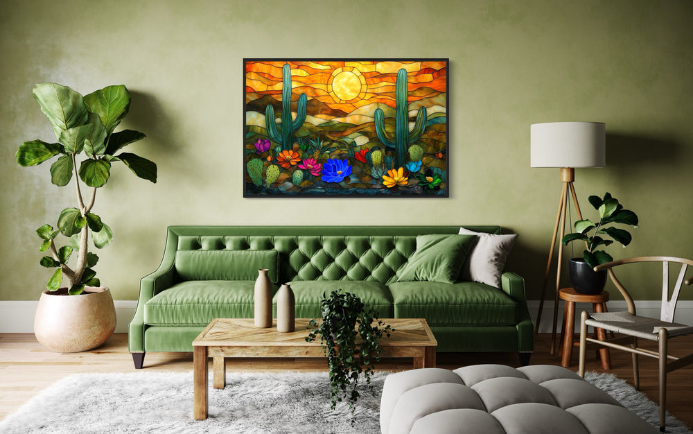 Colorful Desert And Cacti Stained Glass Style Framed Canvas Wall Art in green room