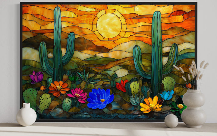 Colorful Desert And Cacti Stained Glass Style Framed Canvas Wall Art