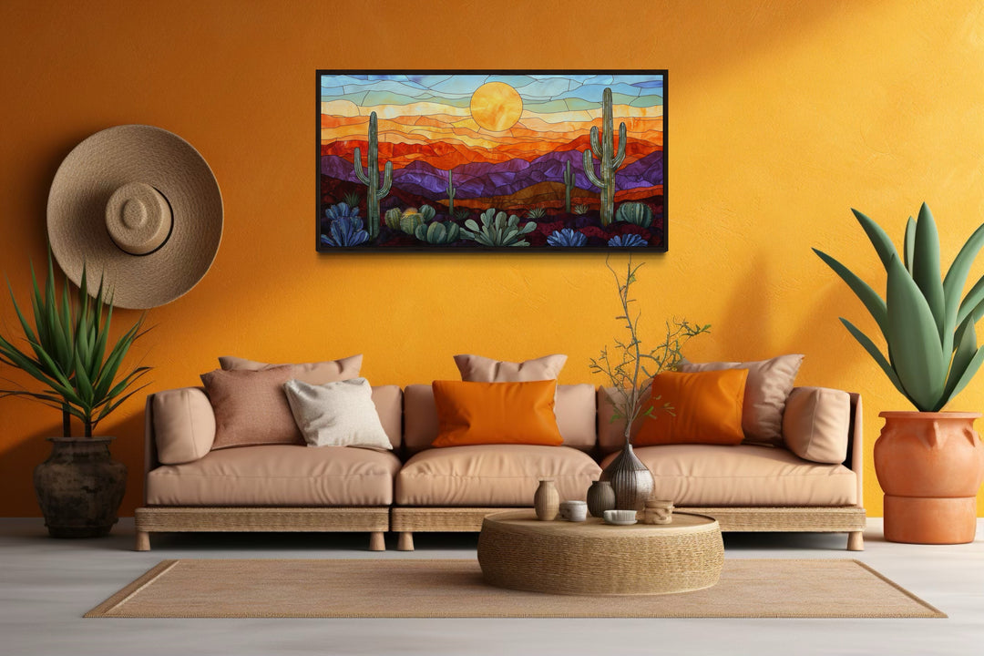 Colorful Desert And Cacti Stained Glass Style Framed Canvas Wall Art