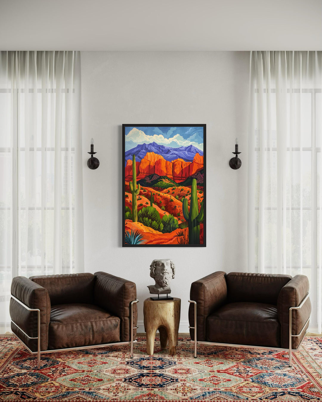 Colorful Desert And Saguaro Cactus Framed Canvas Wall Art