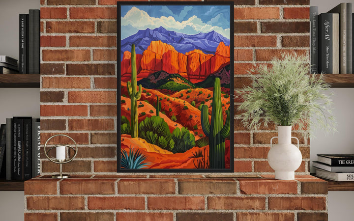 Colorful Desert And Saguaro Cactus Framed Canvas Wall Art