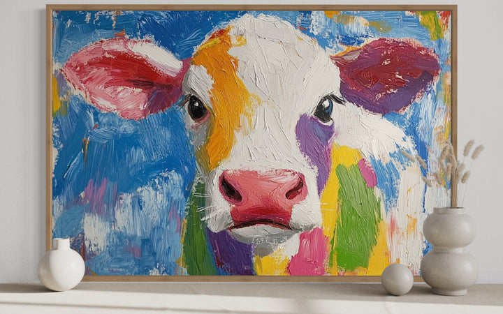 Colorful Farmhouse Cow Framed Canvas Wall Art