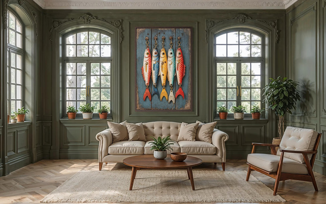 Vertical canvas wall art featuring five colorful vintage fishing lures on a rustic blue wood panel.