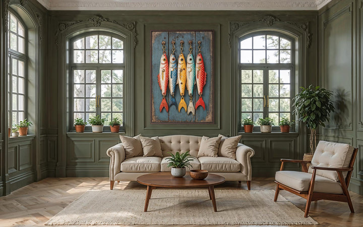 Vertical canvas wall art featuring five colorful vintage fishing lures on a rustic blue wood panel.