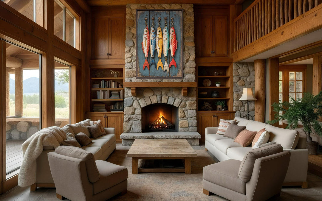 Vertical canvas wall art featuring five colorful vintage fishing lures on a rustic wood background.
