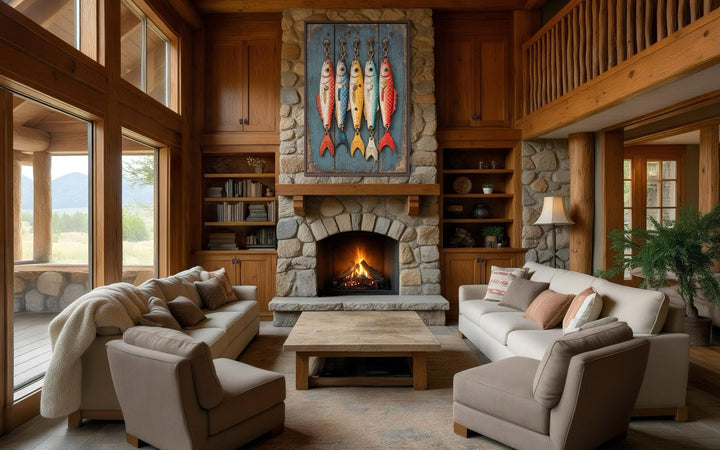Vertical canvas wall art featuring five colorful vintage fishing lures on a rustic wood background.