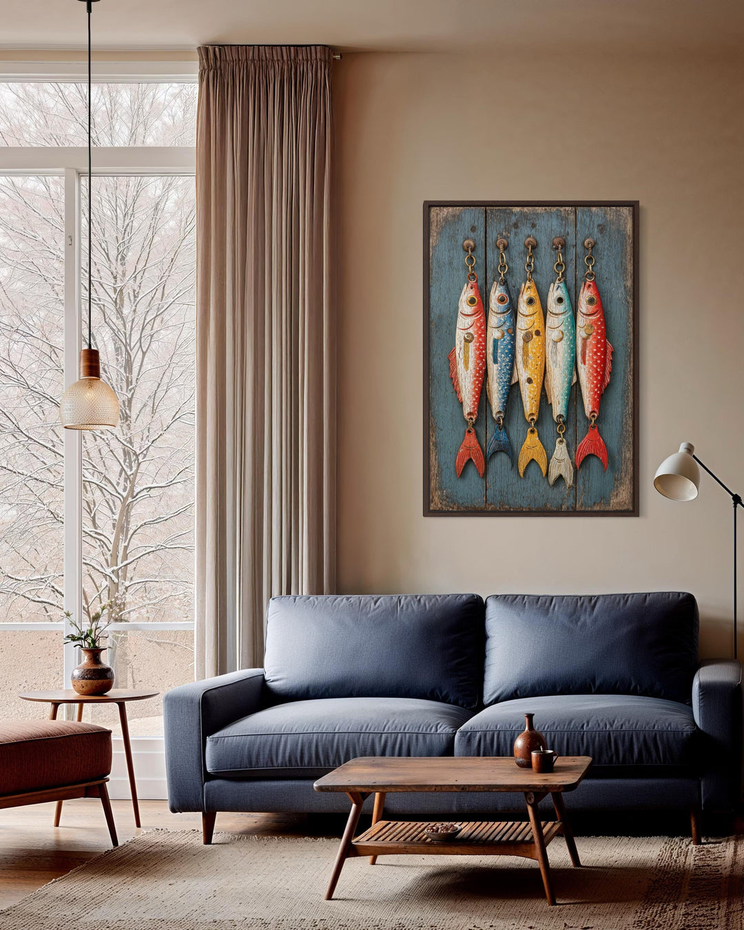Vertical canvas wall art featuring five colorful vintage fishing lures on a blue wooden background.