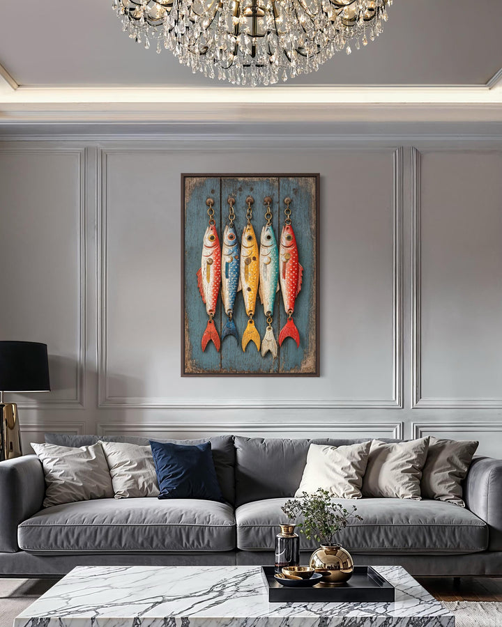 Vertical canvas wall art featuring five colorful vintage fishing lures on a rustic blue wood panel.