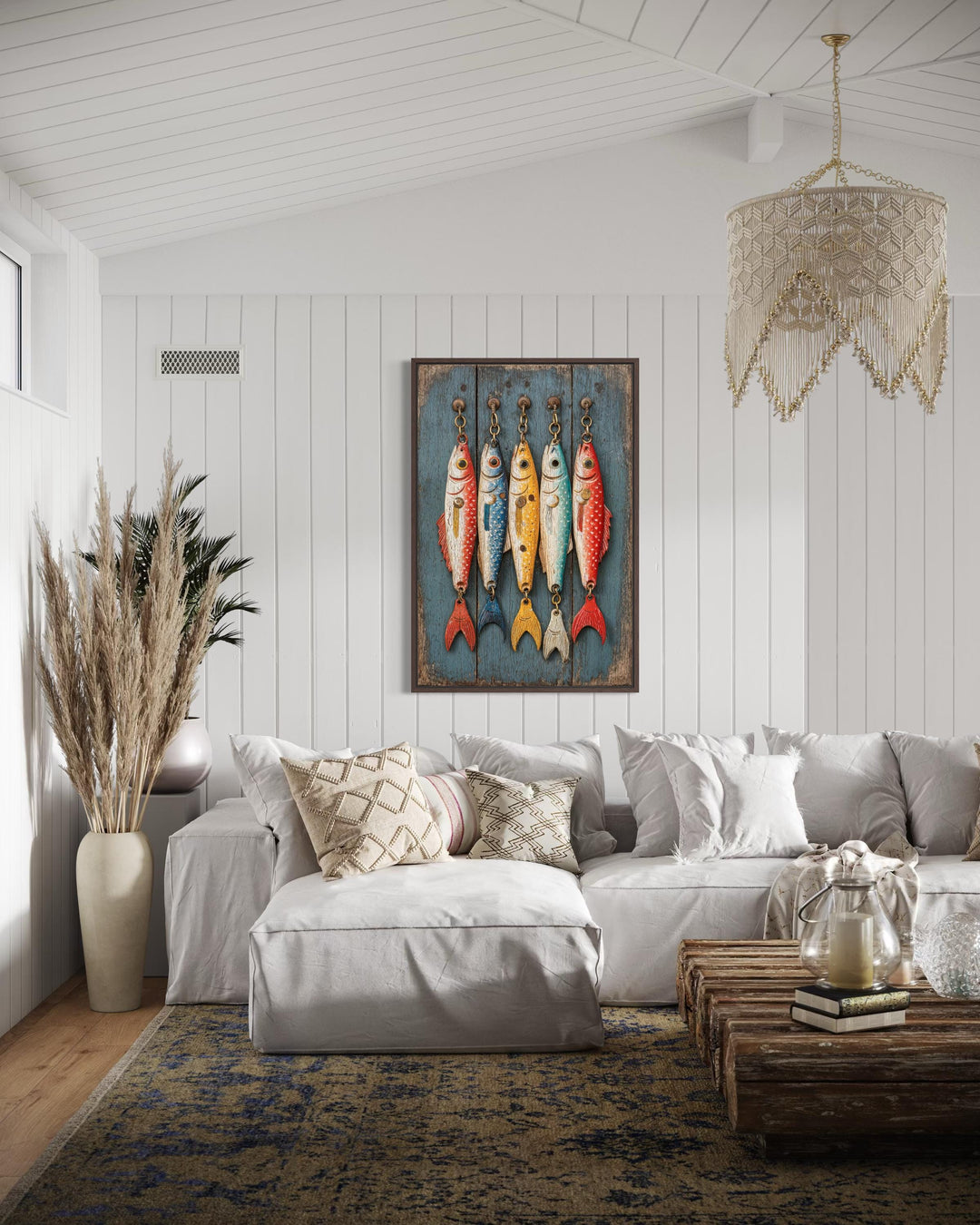 Vertical canvas wall art featuring five colorful, vintage-style fishing lures on a blue wood panel.