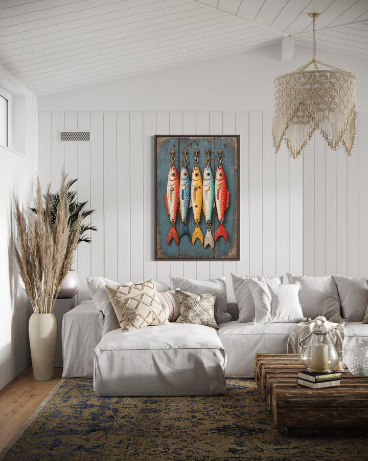 Vertical canvas wall art featuring five colorful, vintage-style fishing lures on a blue wood panel.