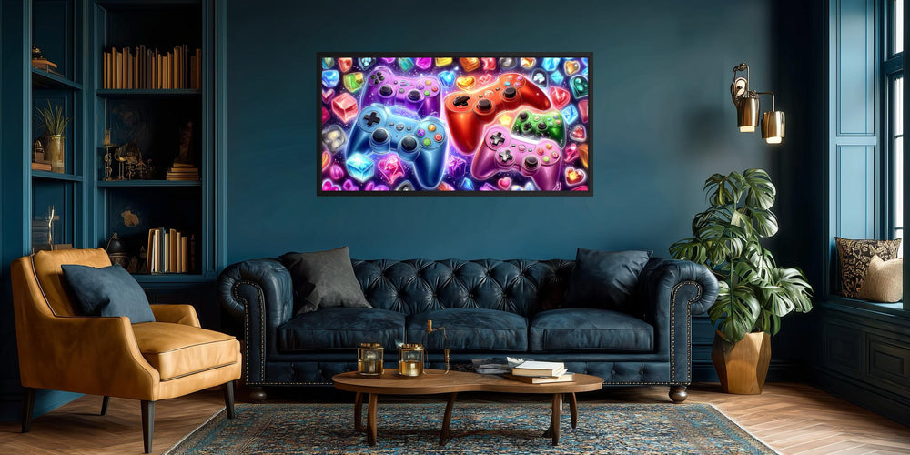 Colorful game controllers canvas wall art displayed in a dark, modern living room setting.
