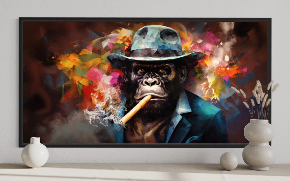 Colorful Gorilla Smoking Cigar Abstract Man Cave Framed Canvas Wall Art