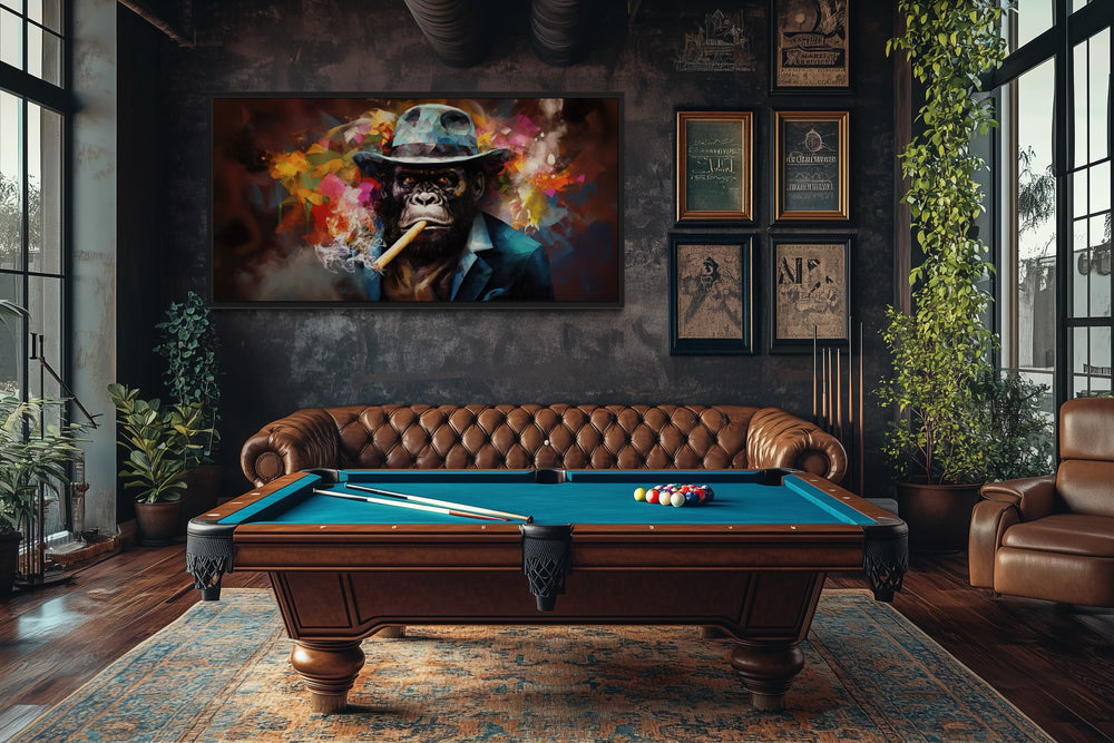 Colorful Gorilla Smoking Cigar Abstract Man Cave Framed Canvas Wall Art