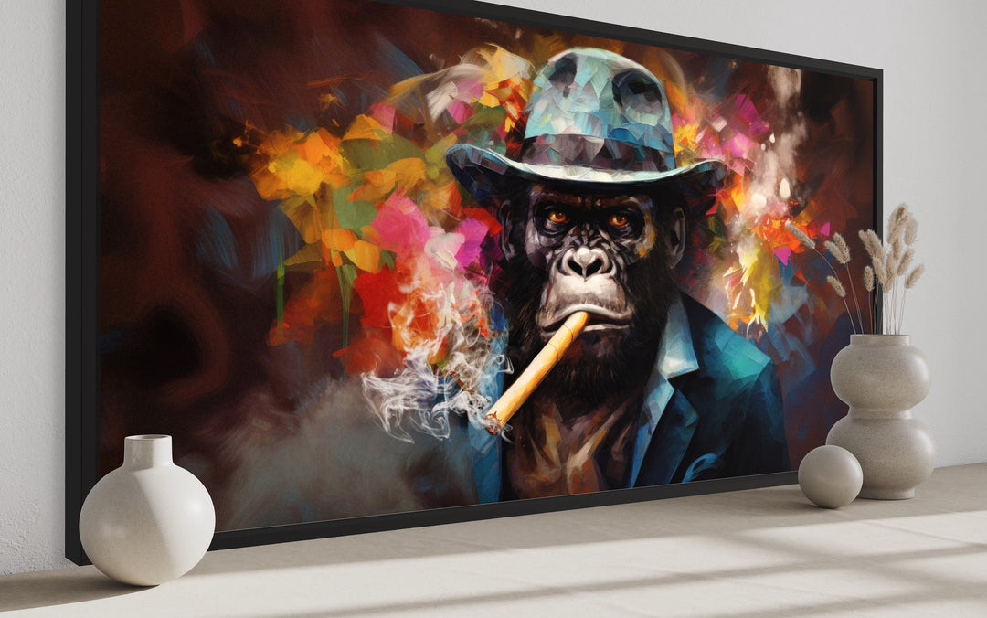 Colorful Gorilla Smoking Cigar Abstract Man Cave Framed Canvas Wall Art