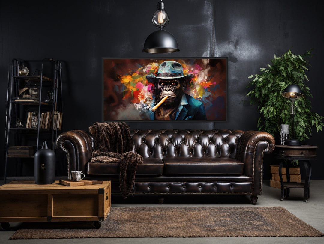 Colorful Gorilla Smoking Cigar Abstract Man Cave Framed Canvas Wall Art