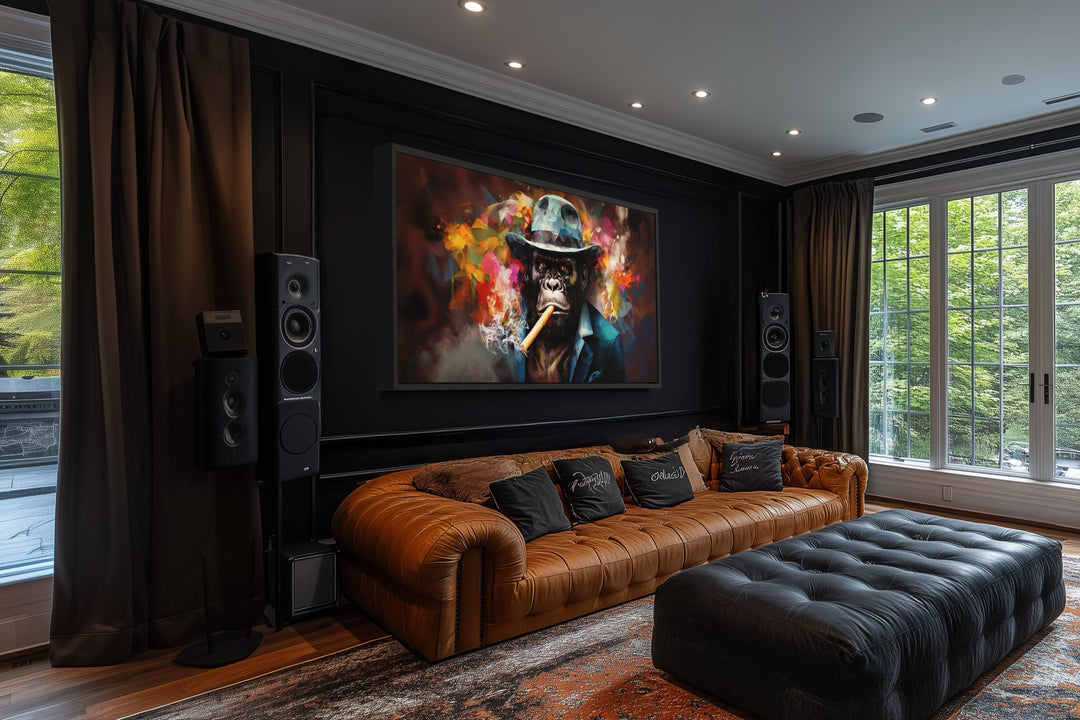 Colorful Gorilla Smoking Cigar Abstract Man Cave Framed Canvas Wall Art