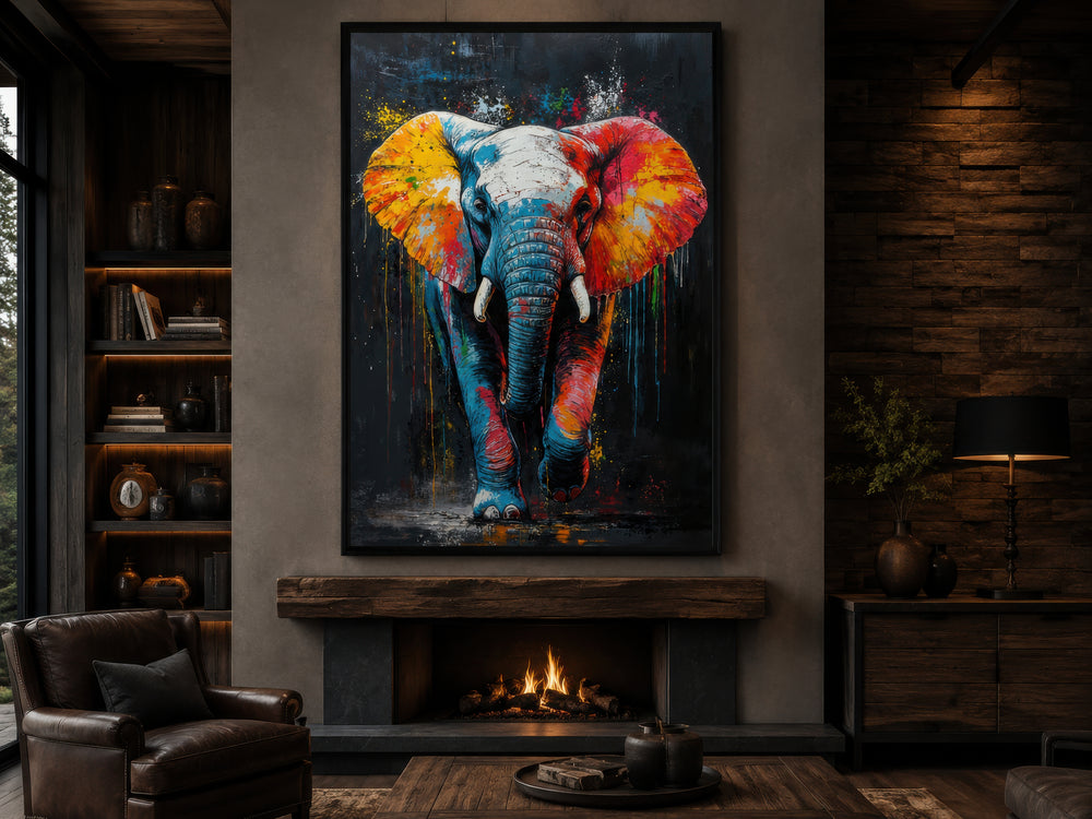 Colorful graffiti elephant framed canvas wall art hanging above a fireplace in a modern living room.