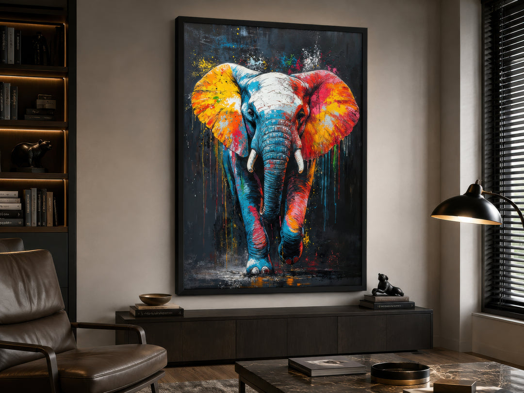 Colorful graffiti elephant framed canvas wall art hanging in a modern living room.