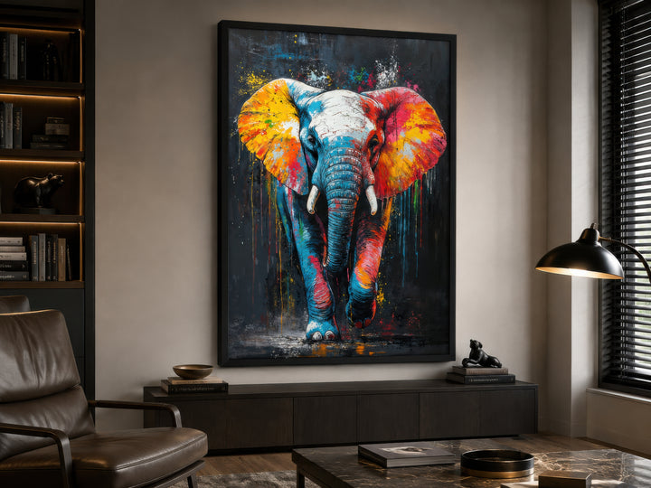 Colorful graffiti elephant framed canvas wall art hanging in a modern living room.