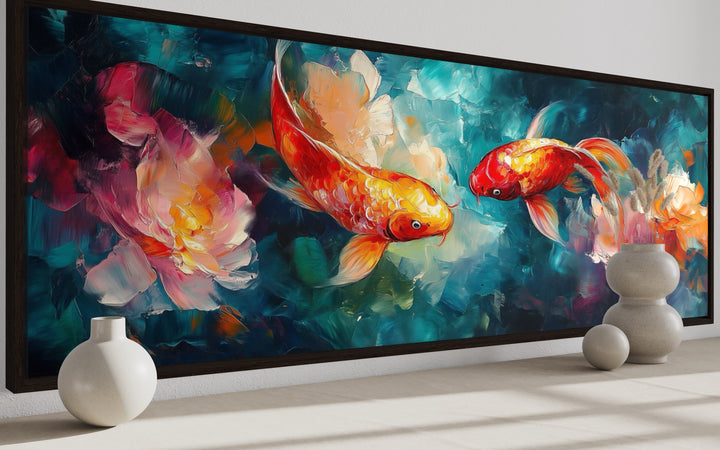 Colorful Koi Fish In The Pond Long Narrow Framed Canvas Wall Art