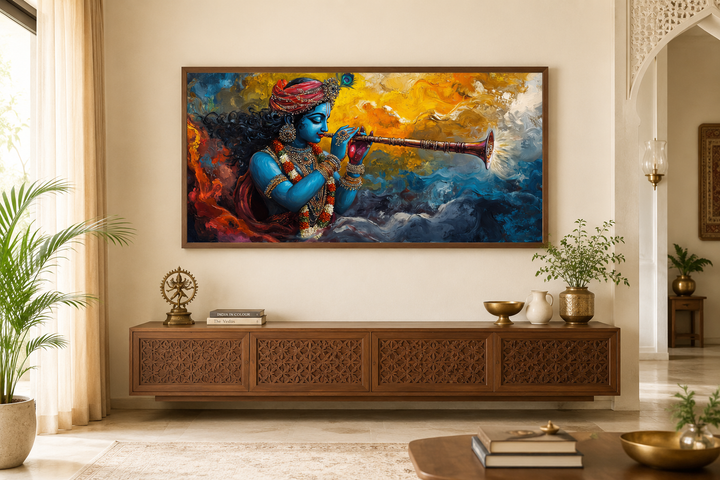 Colorful Krishna playing flute framed horizontal canvas wall art above a wooden console table.
