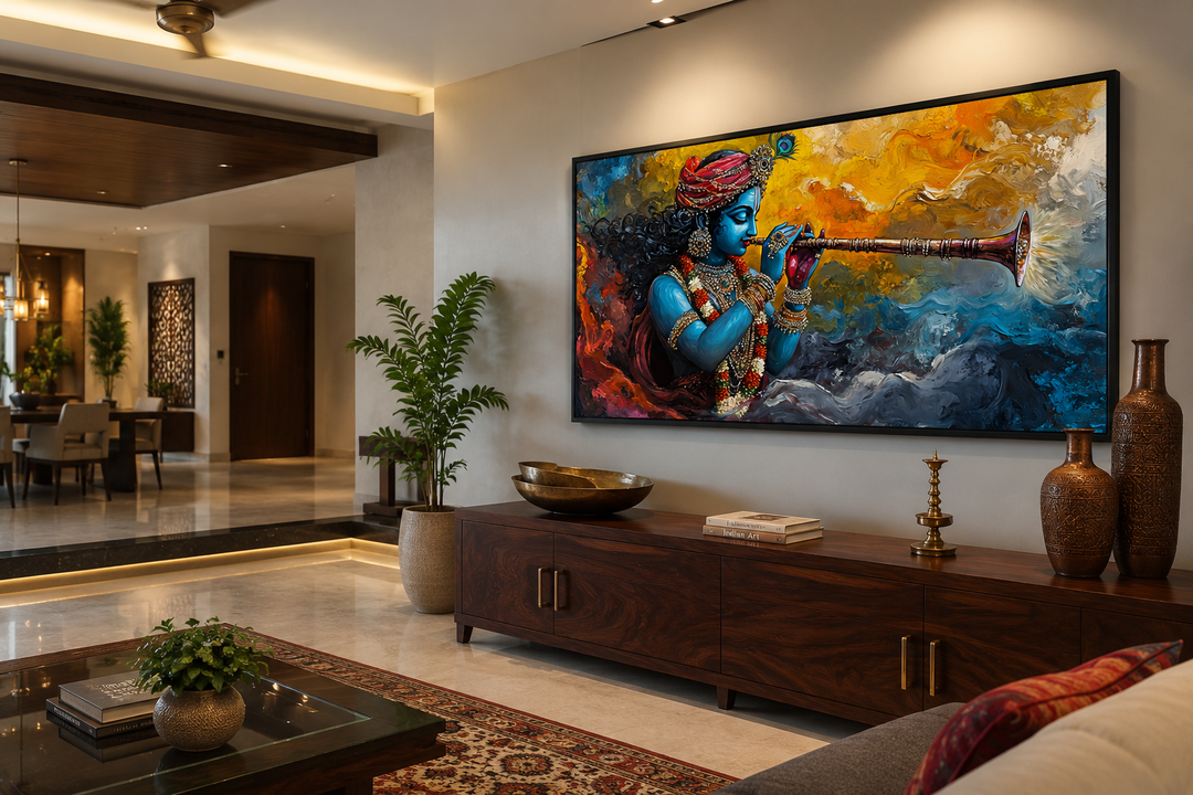 Colorful Krishna playing flute framed horizontal canvas wall art in a modern living room setting.