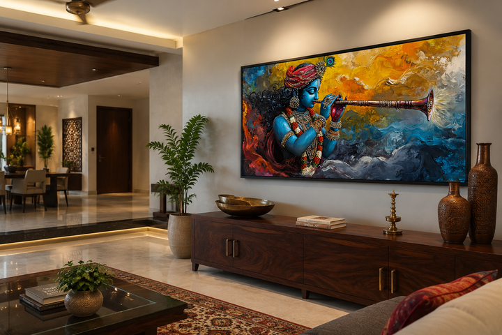 Colorful Krishna playing flute framed horizontal canvas wall art in a modern living room setting.