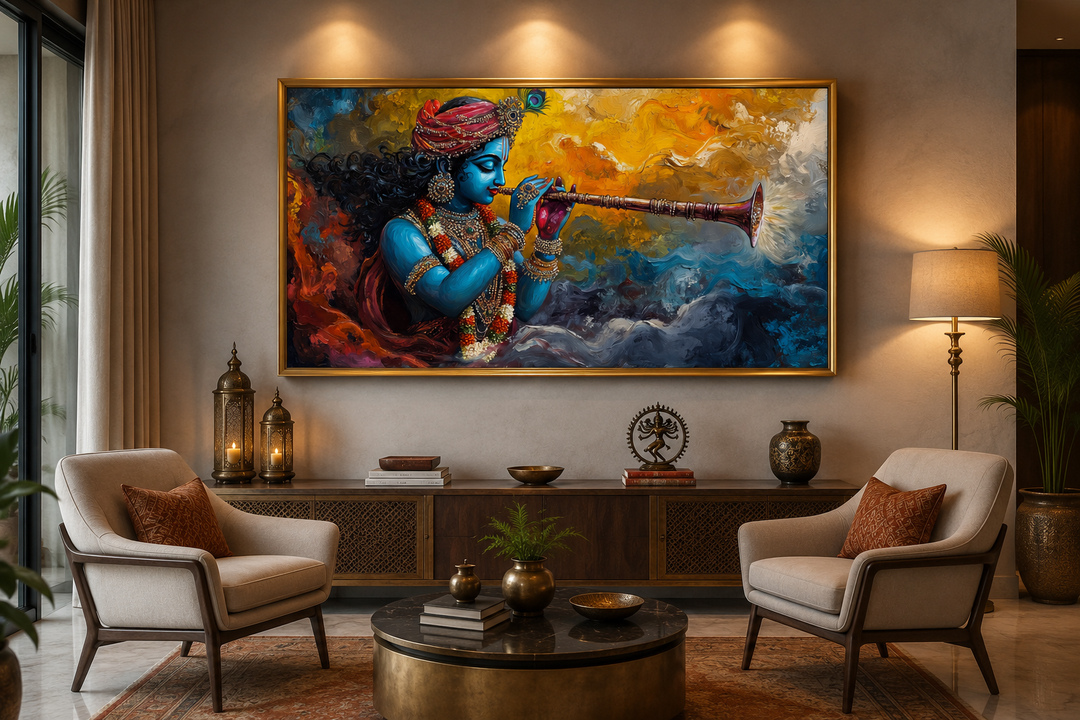 Colorful Krishna playing flute framed horizontal canvas wall art in a modern living room.