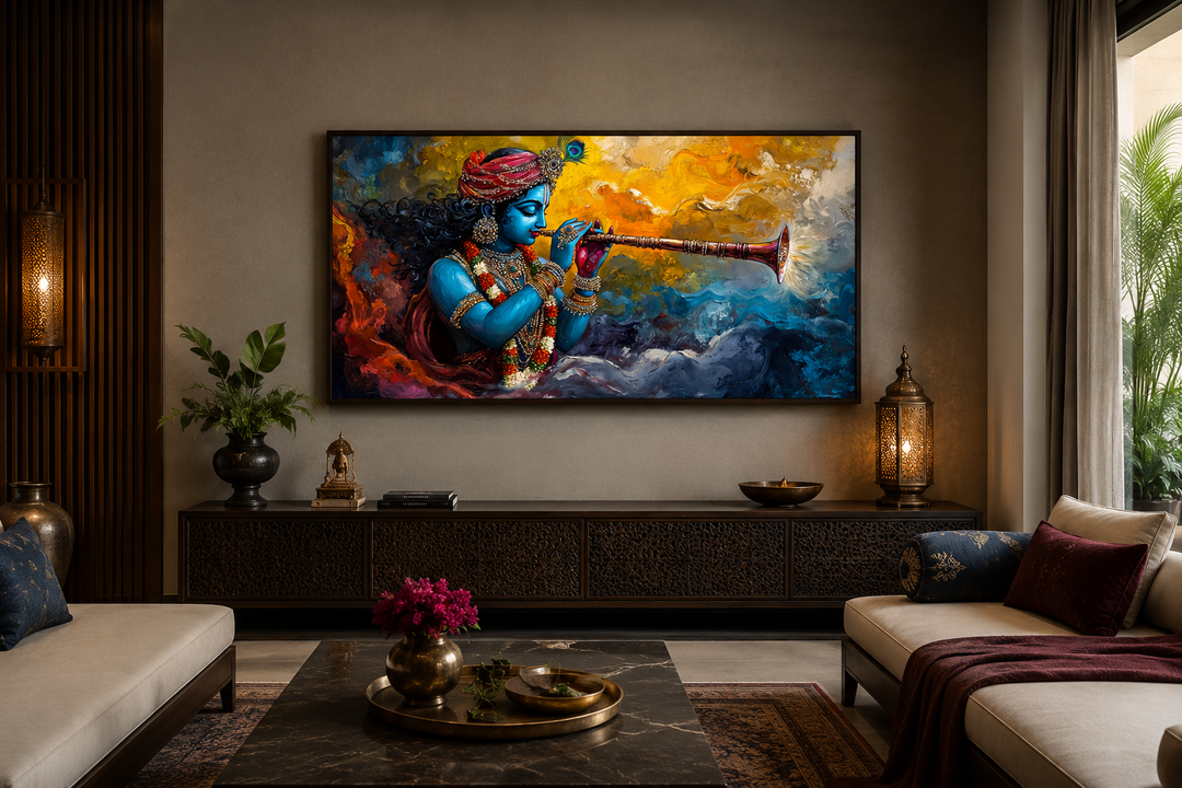 Colorful Krishna playing flute framed horizontal canvas wall art in a modern living room setting.