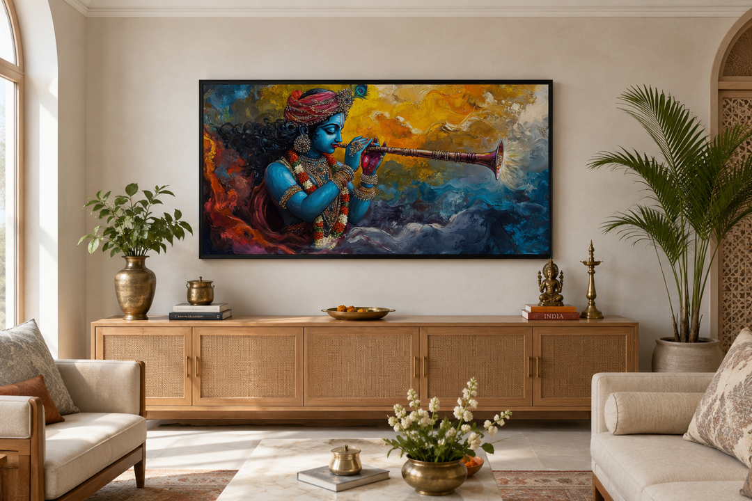 Colorful Krishna playing flute framed horizontal canvas wall art above a wooden sideboard.